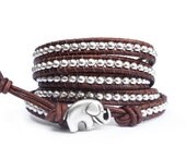 Brown and Silver  Beaded Leather Wrap Bracelet - the lucky elephant Original with Polished Silver Pewter & GOOD LUCK ELEPHANT Button