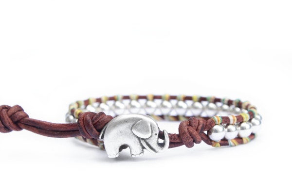 Rainbow Beaded Leather Wrap Bracelet - the lucky elephant Original with Polished Silver Pewter, Rainbow String & GOOD LUCK ELEPHANT Button