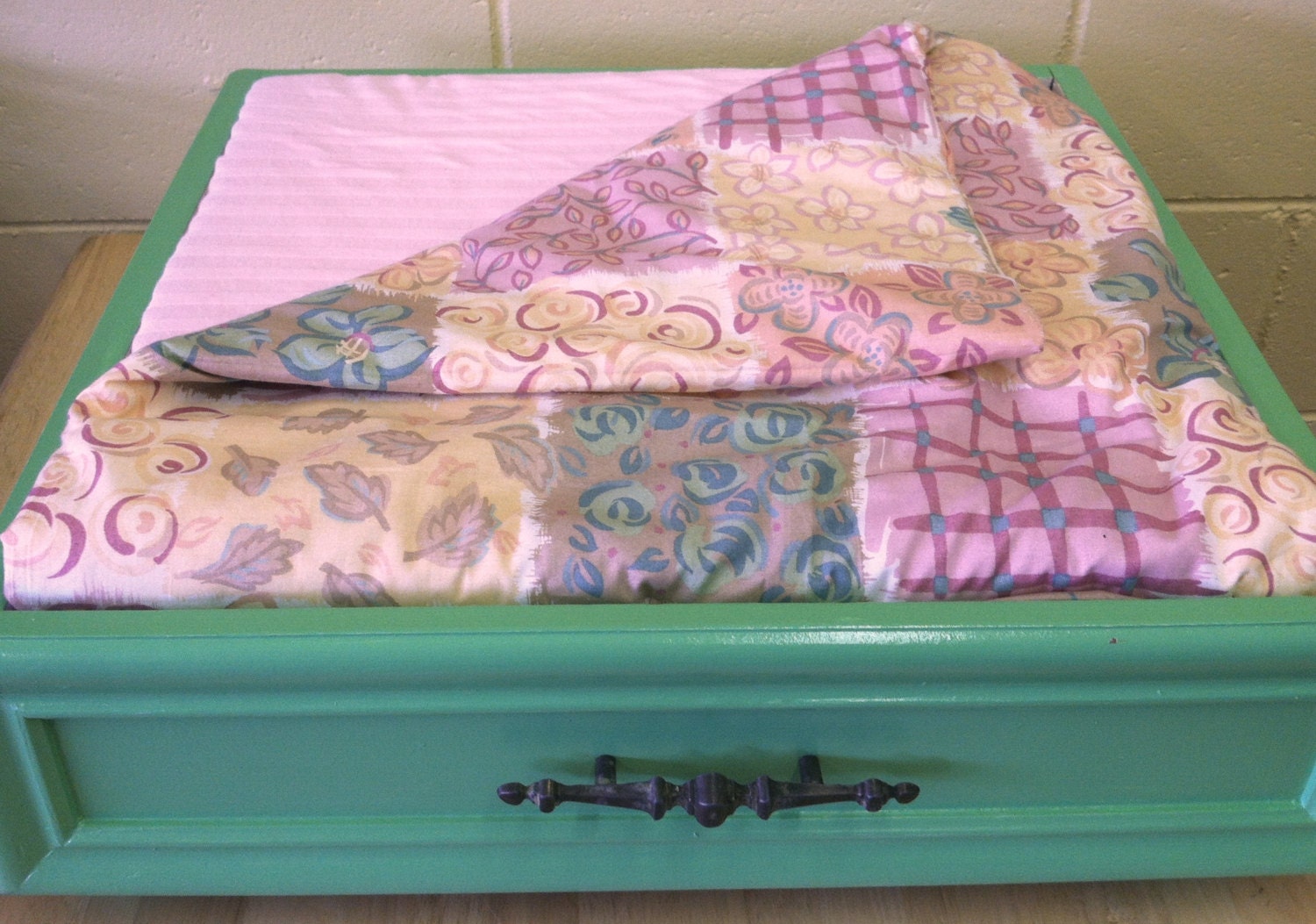 Pet Bed Upcycled from a Drawer and a Curtain Green and Pink - OOAK