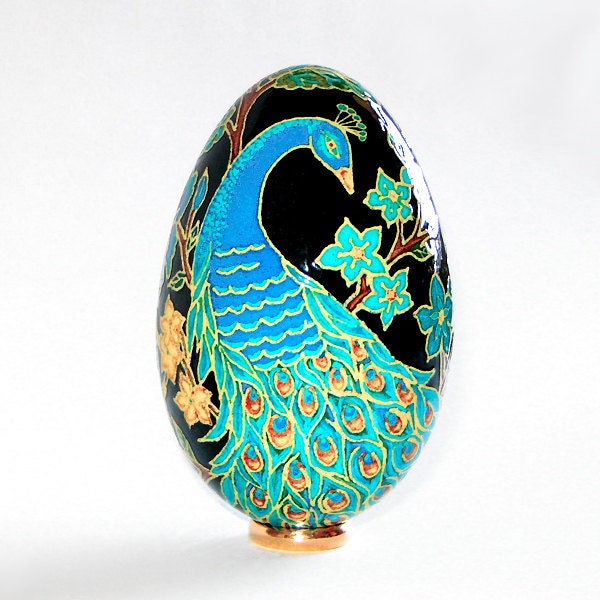 Peacock. Goose egg. Pysanka.