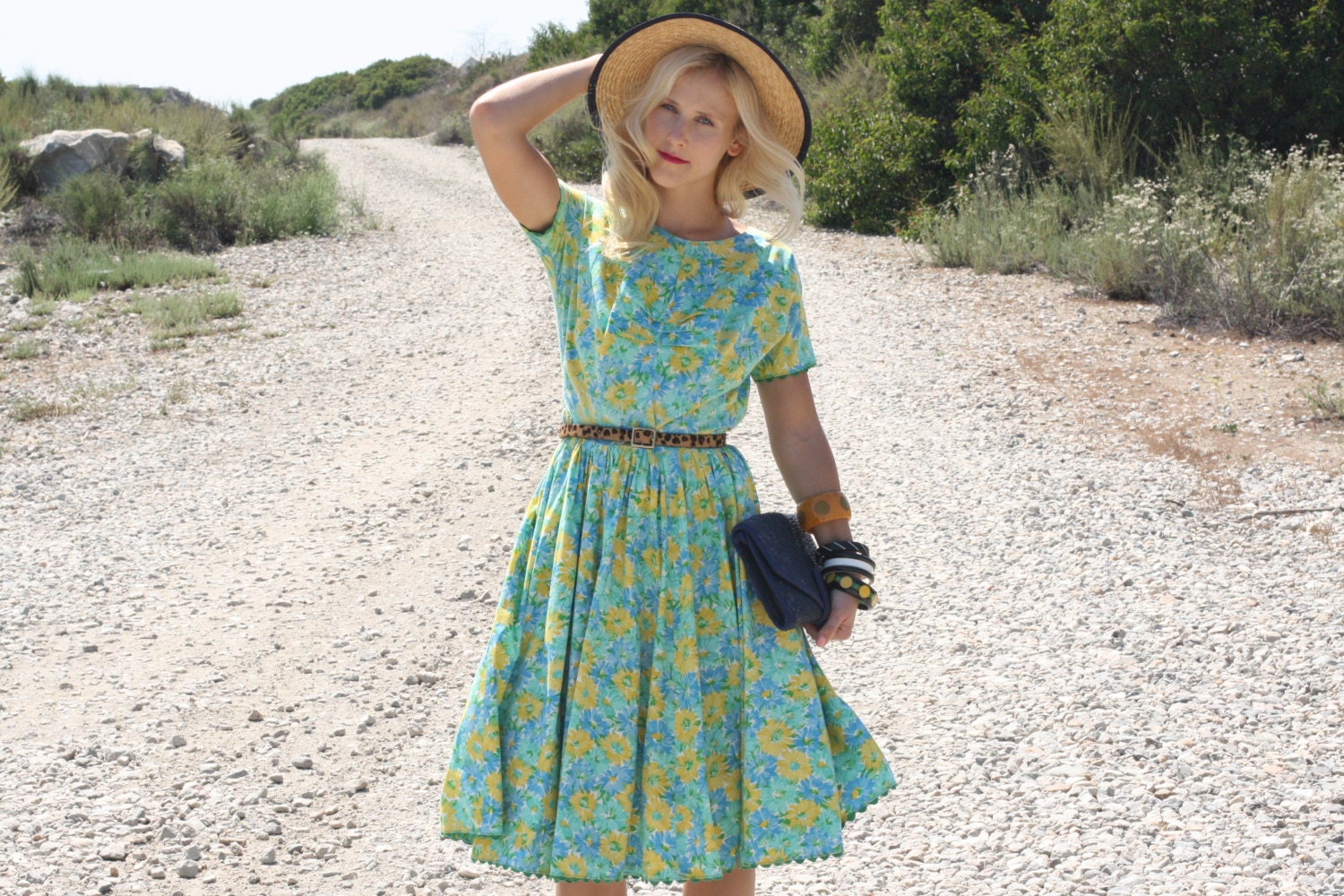 VTG 1950s 50s Green and Yellow Floral Dress w/ Pleated Skirt S