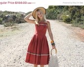20% Off MEMORIAL DAY SALE Vtg 1950s 50s Red Floral Dress w/ Crochet Detailing S