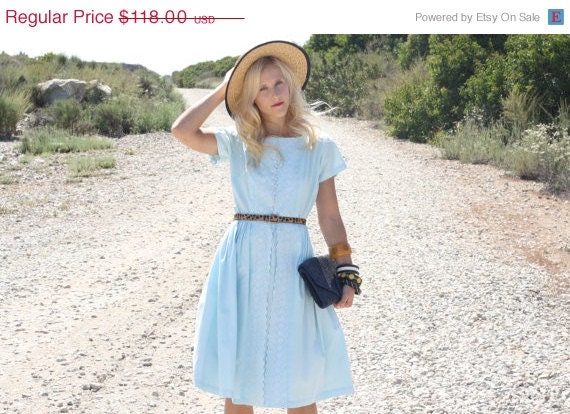 20% Off MEMORIAL DAY SALE Vtg 1950s 50s Light Blue Floral Embroidered Dress M