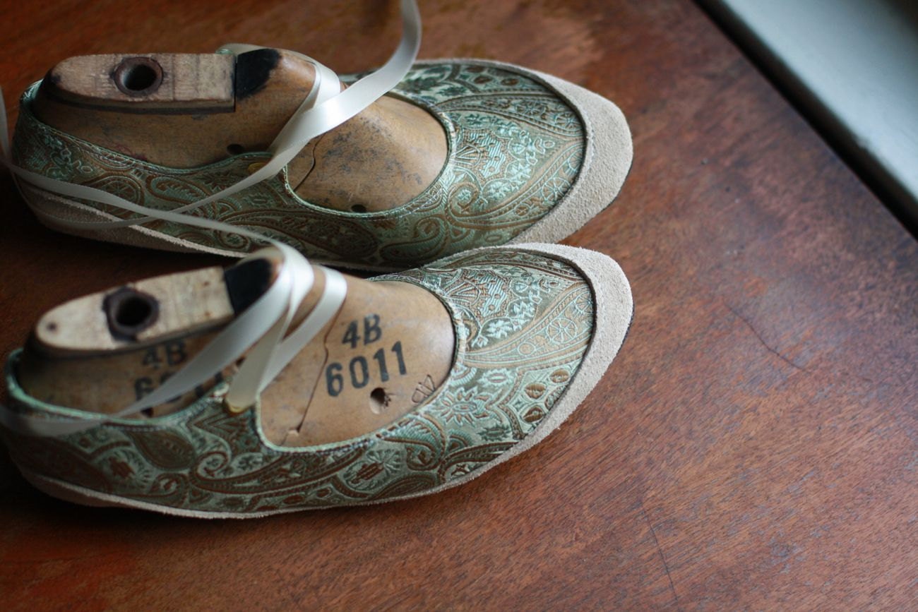 Oval Toe Single Tab Gillies Shoes,  Pistachio Silk  Brocade, Suede and Recycled Rubber Soles