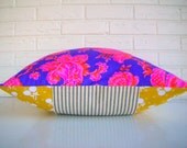 Bright Floral Pillow Cover - Decorative Pillow - Purple Orange Mustard Fuschia - Cottage Chic Boho Decor