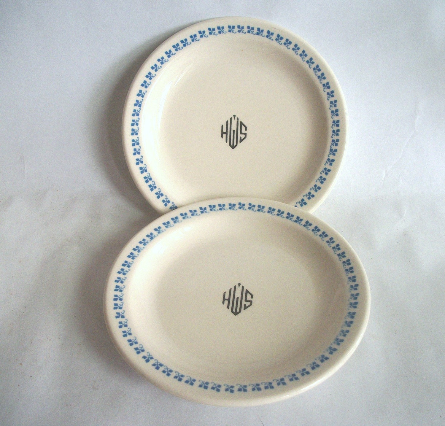 Vintage Homer Laughlin Ironstone Bread Plates with Blue Trefoil/Clover