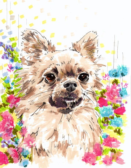 Custom Dog Portrait - Custom Pet Portrait with Coloured Background and Pattern 8 x 11 inches on Fine Art Paper