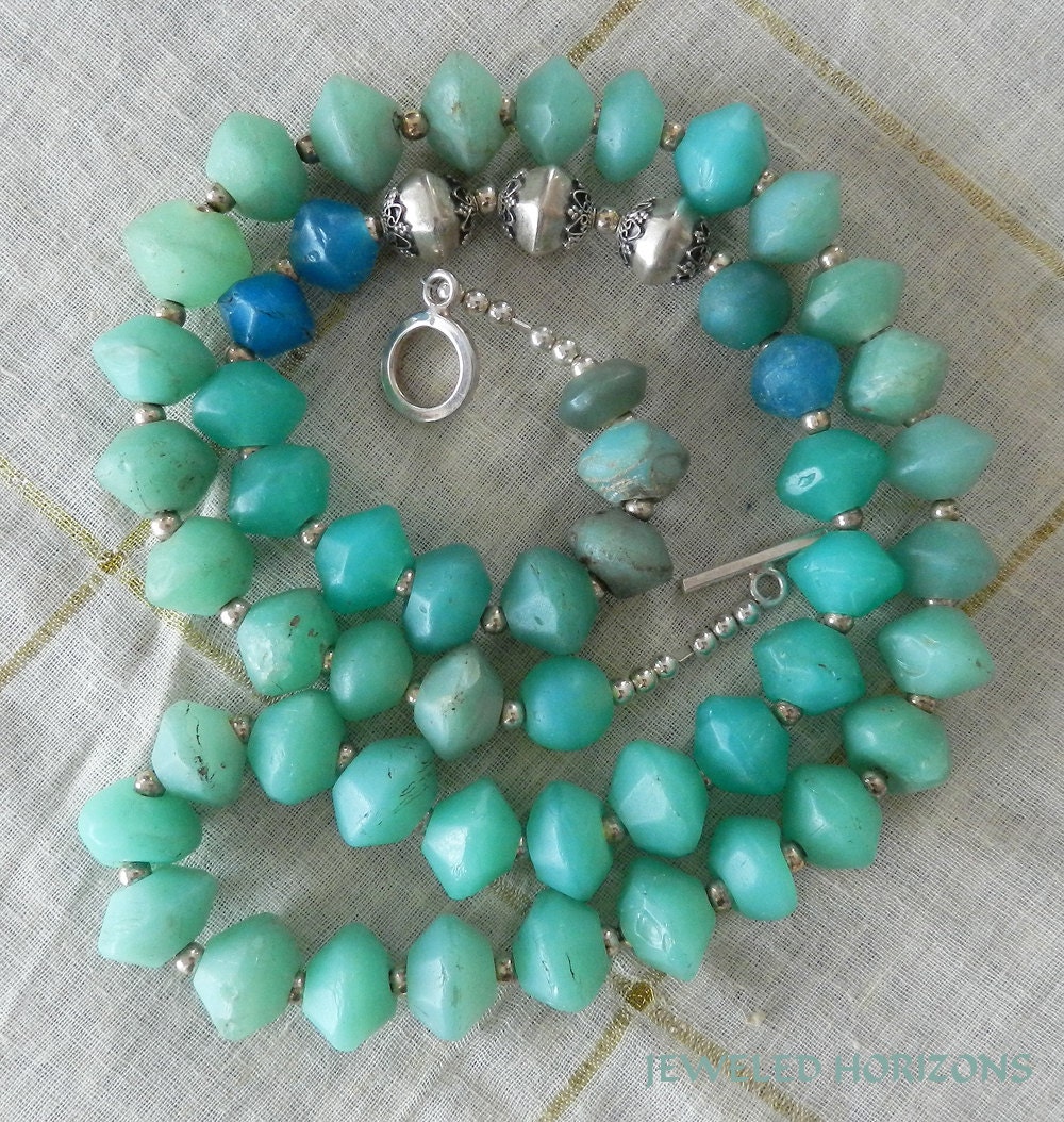 African Trade Beads, Rare green Vaseline Beaded Long Necklace