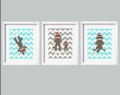 Sock Monkey Chevron Print Nursery Art Decor in aqua and Gray for Children Perfect for Nursery Playroom or toddler room 8x10 baby shower gift