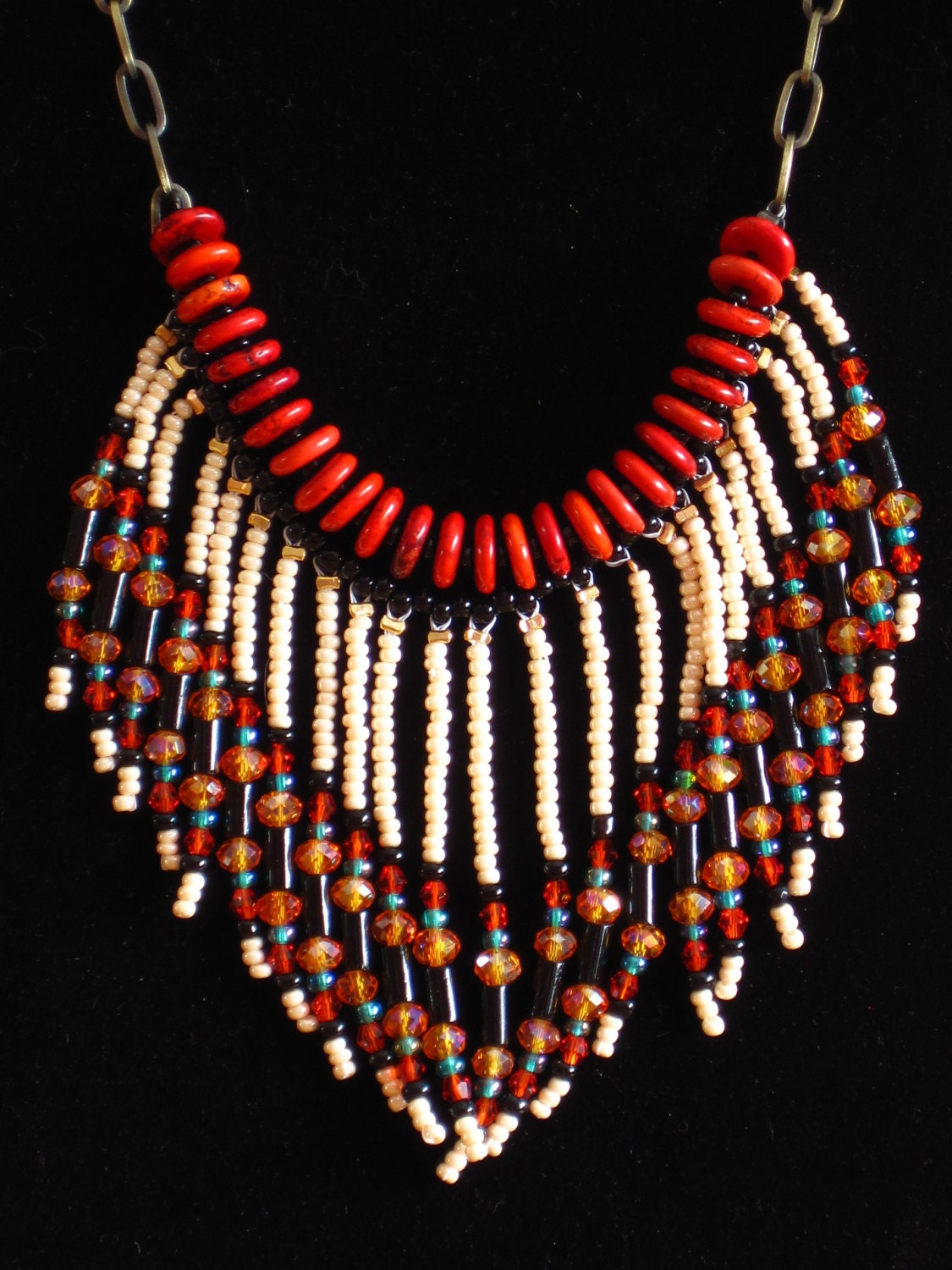Native American style tribal fringed collar necklace in pearl, coral, gold, teal and black