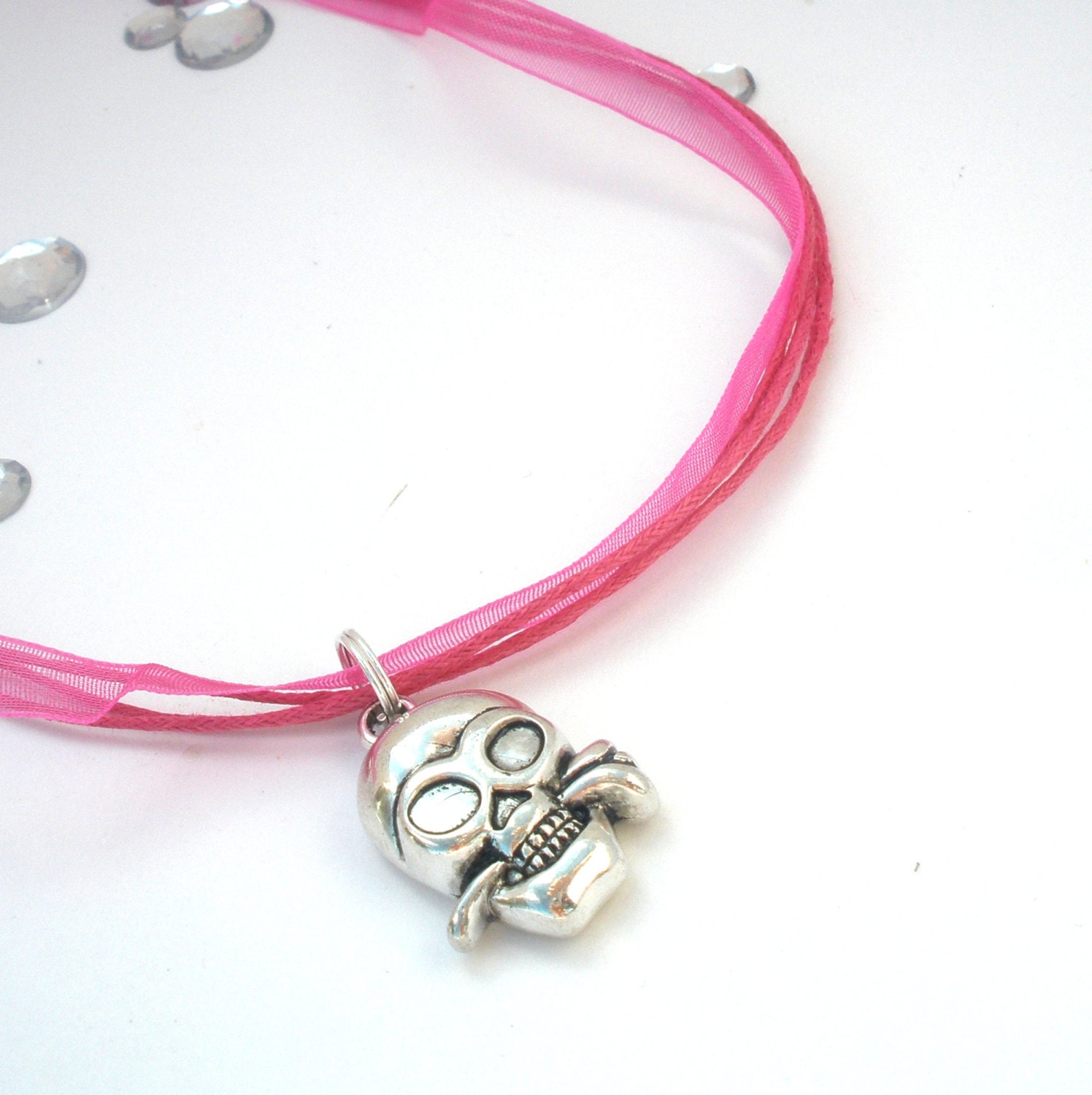 Organza Ribbon Necklace - Skull and Rose - Choice of Color - Skull, Rose, Rock, Spring, Silver, Black, Pink, Hot Pink, Purple