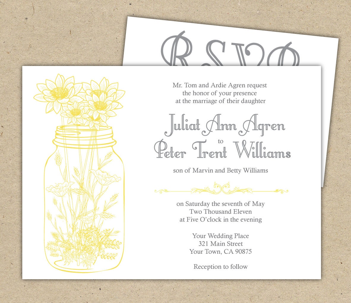 Rustic Wedding Invitations and RSVP Mason Jar and Wild Flowers  - DIY Printable. custom design (1030)