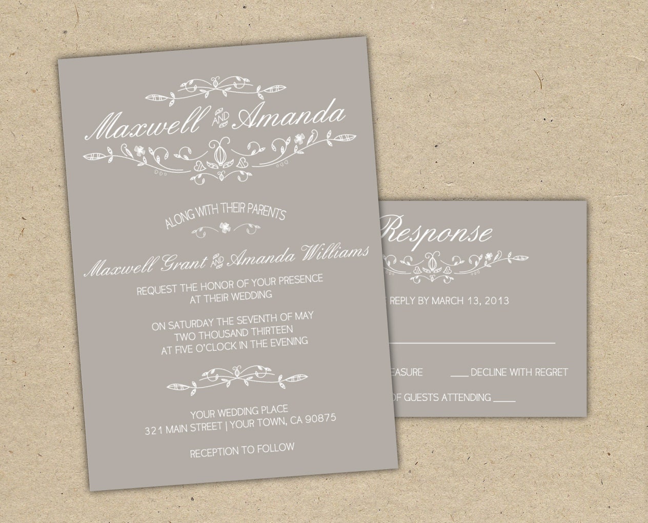 Vintage Wedding Invitation and RSVP -Printable DIY. printed country chic outdoor wedding (1055)