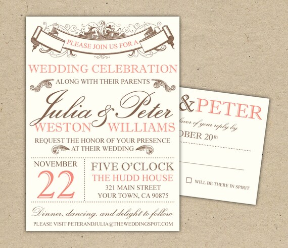 Vintage Modern Wedding Invitation and RSVP -Printable DIY. (1053)