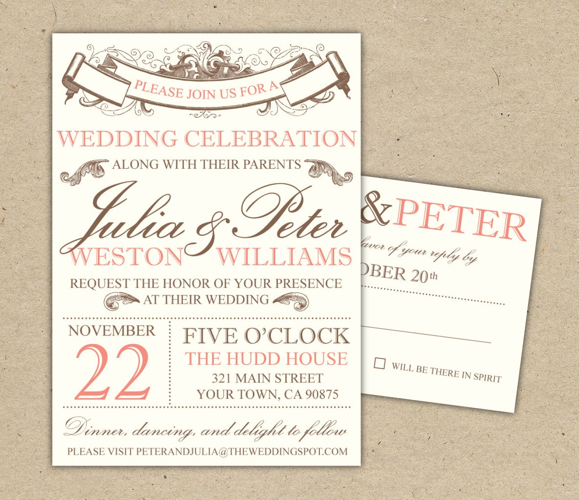 Vintage Modern Wedding Invitation and RSVP -Printable DIY. (1053)