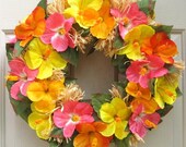 Summer Wreath, Hawaiian Luau Wreath, Orange Yellow Pink Hibiscus Wreath, Tropical Party Decoration, Beach Decor