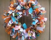 Fabric Wreaths, Ribbon Wreaths, Retro 60s Look Fabric Ribbon Wreath for Front Door, Orange, Blue, Brown Peace Sign