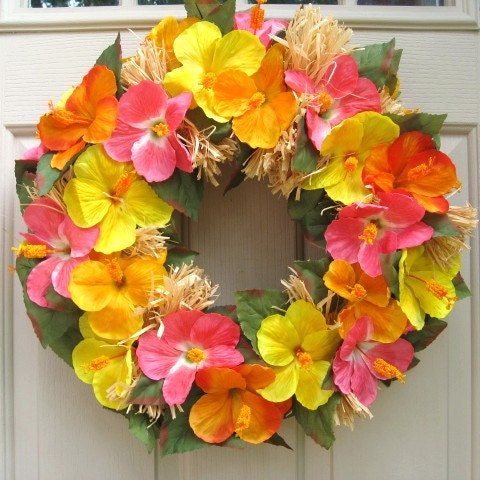 Summer Wreath, Hawaiian Luau Wreath, Orange Yellow Pink Hibiscus Wreath, Tropical Party Decoration, Beach Decor