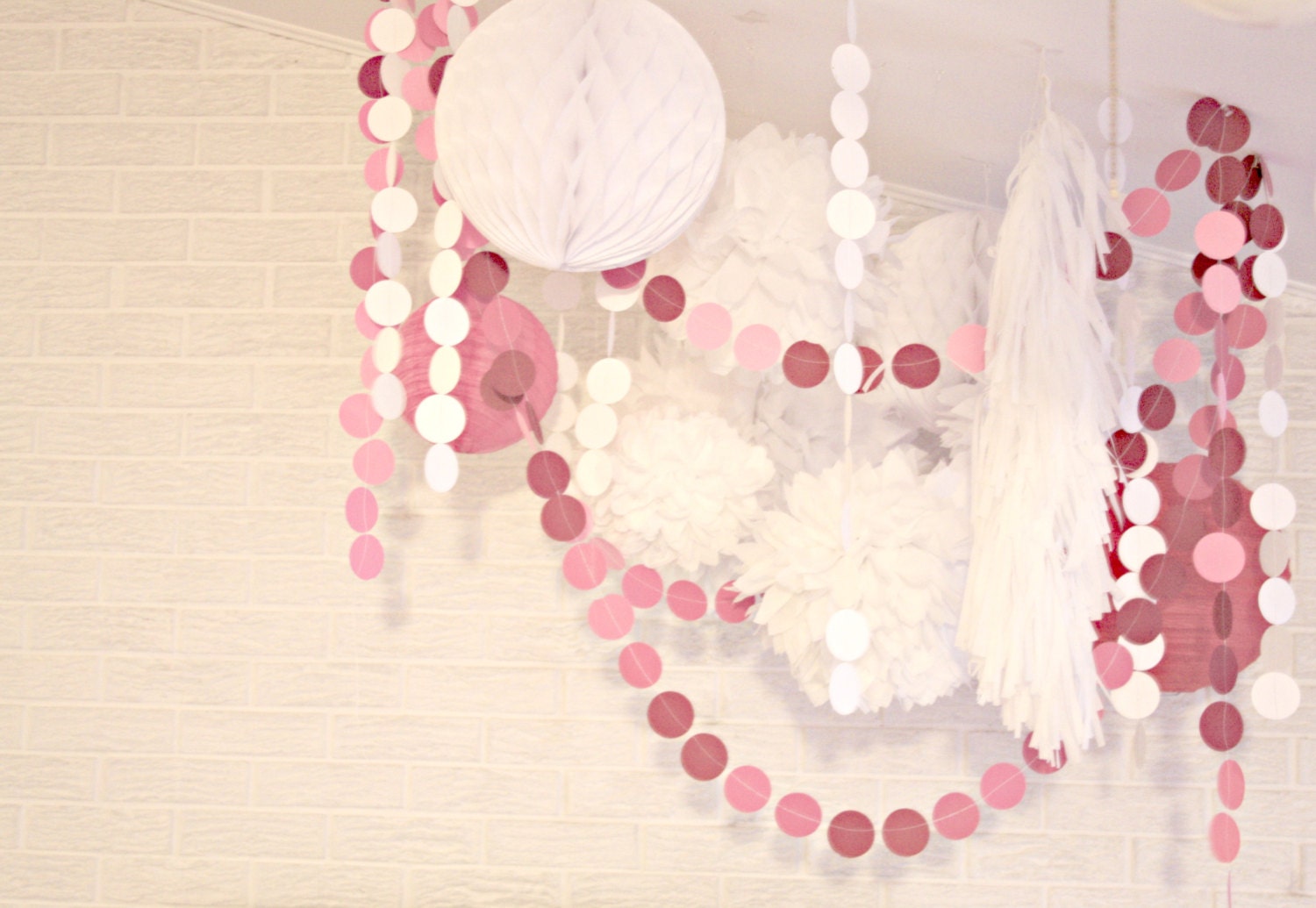 Valentine's Day Party Decor Pack ... 5 tissue paper poms and 12 feet of pomdot garland // dessert buffet candy bar // party decorations Il_570xn