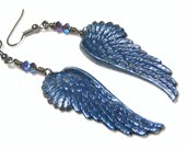 Dark Blue Angel Wing Earrings Swarovski Crystals Gunmetal Earwires