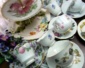 6 MISMATCHED Cups and Saucers Lot - Tea Party or Vintage Wedding Favor Orphans - Bulk Mixed Maker Teacups  and 3 Tier Plate Stand 9396