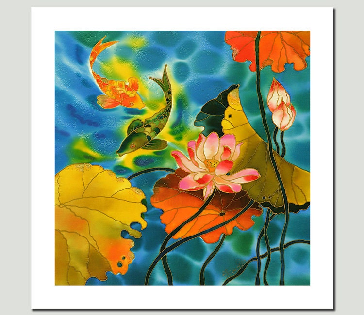 GICLEE Print-Of Original Painting-SILK Painting-Acrylic Painting-FISHES-Lotus-Koi -13inX19in