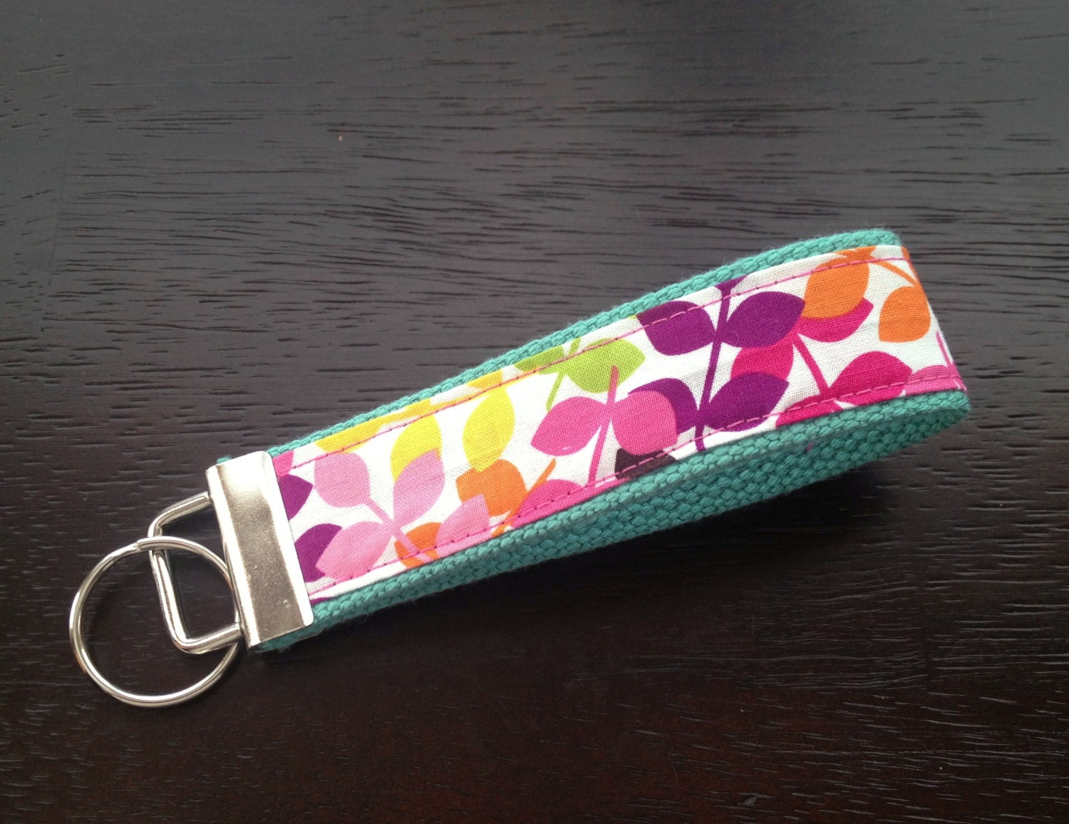 Fabric wristlet keychain, key fob - Spring leaves