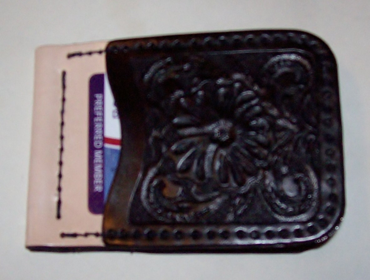 Hand Tooled Leather Money Clip and ID Wallet