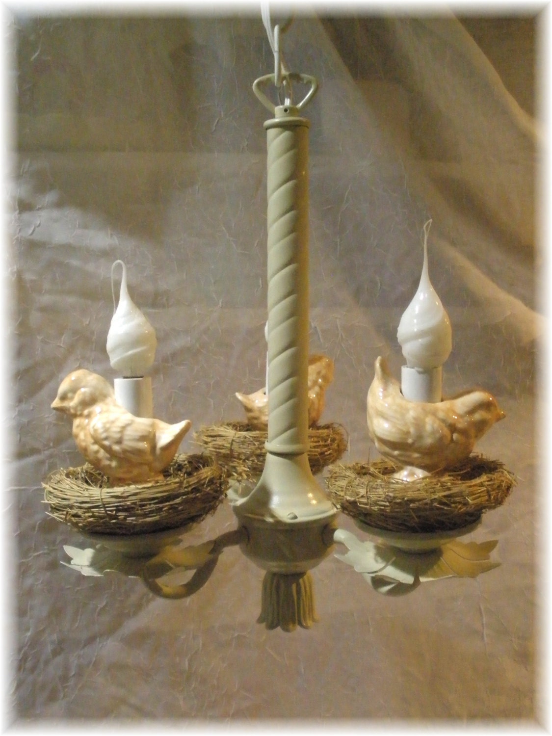 Vintage Ceramic Bird Chandelier with Tan Birds on straw natural Nest