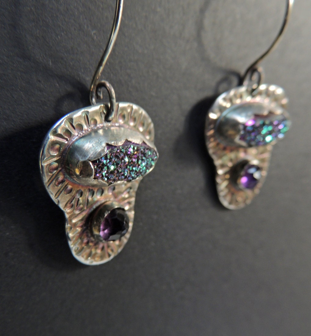 Super Sparkly Purple Druzy Earrings, Rose Cut Grape Amethysts, Titanium Coated Druzy Gemstones, Recycled Sterling Silver, Dangle Earrings