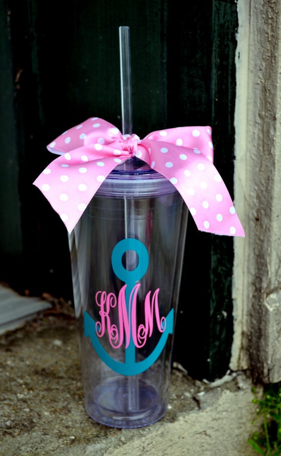 3 (THREE ) CLEAR Personalized - 20oz - Tumbler cup with Lid & Straw - Nautical - Bridesmaid Gift