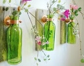 Colored Glass Bottle Trio each mounted on Recycled wood for unique rustic wall decor bedroom decor kitchen decor