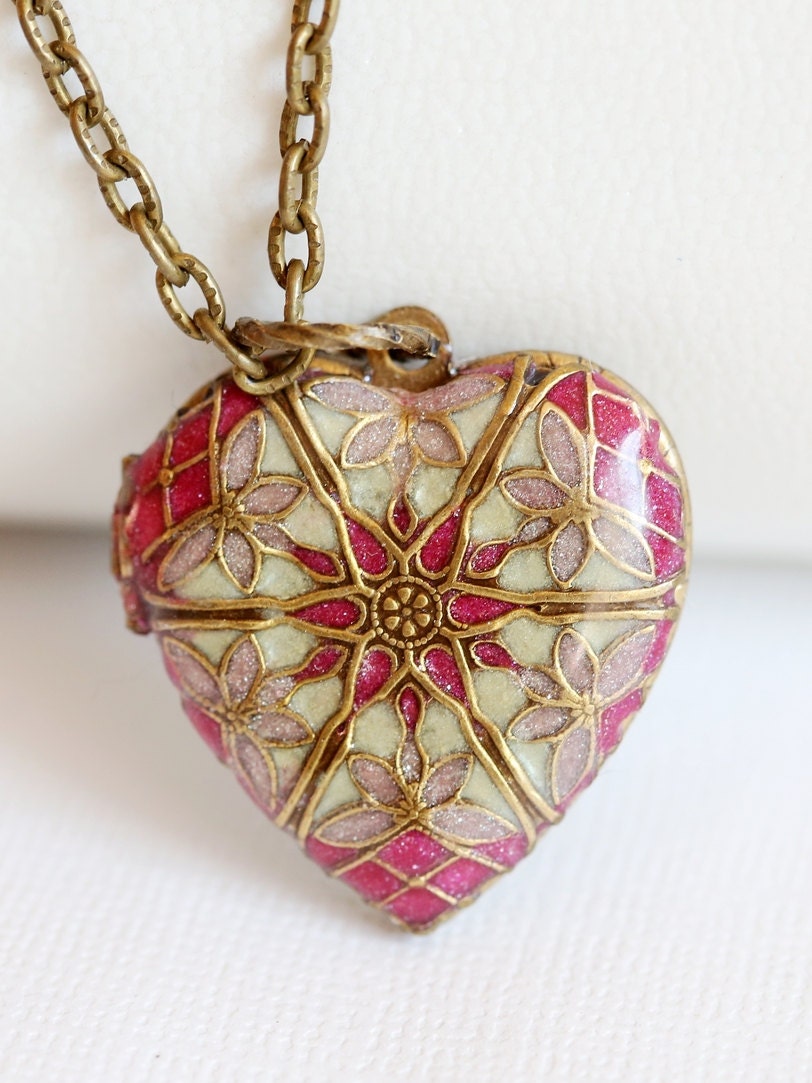 Locket,Brass Locket,Pink Red locket,filigree heart locket necklace,photo locket -  Wedding Locket,Something Blue