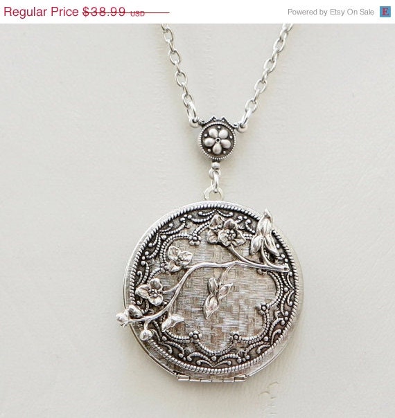 ON SALE Cherry Blossom,Locket,Silver Locket,Antique Locket,Flower Locket,Flower,vintage locket,Wedding Necklace,bridesmaid necklace