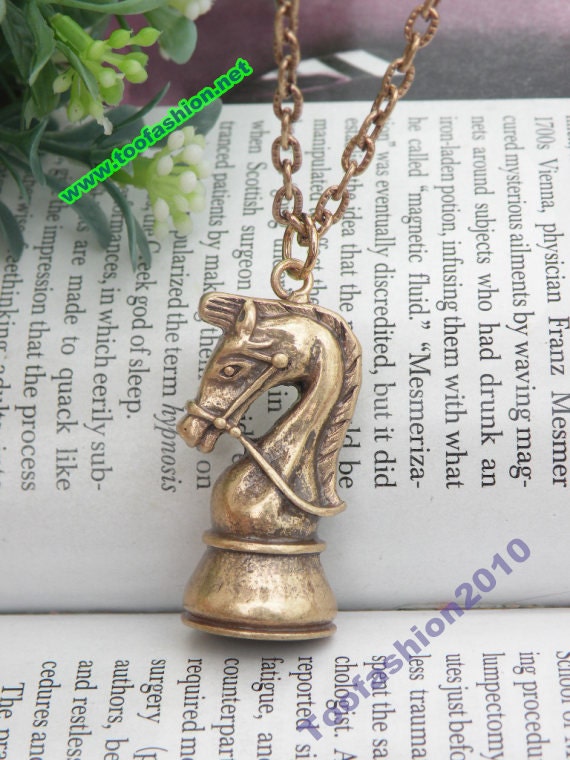 Pretty retro copper 3d war horse head chess necklace pendant vintage style
