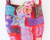 Seamless Bag Purse Red Pink Purple Patchwork Effect Felt Flowers