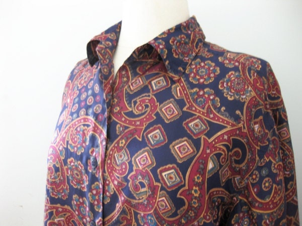 Vintage Silk Paisley Blouse Button Down Long Sleeve Shirt Womens Size Large Red Blue Gold