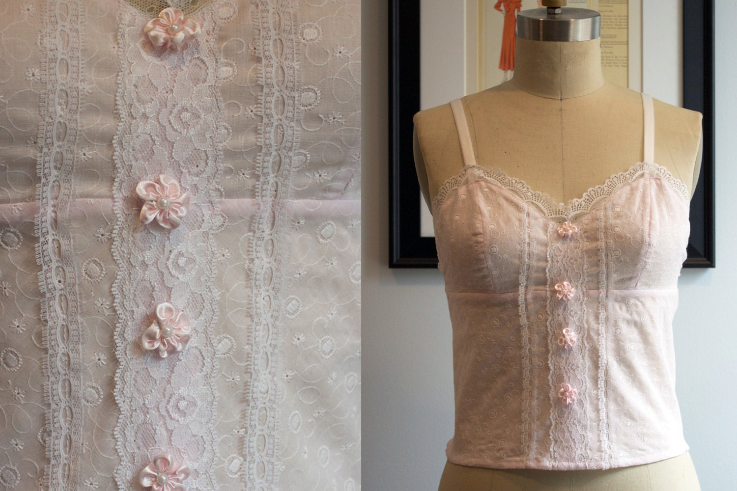 Eyelet and Lace Camisole Pajama Retro Tank Top