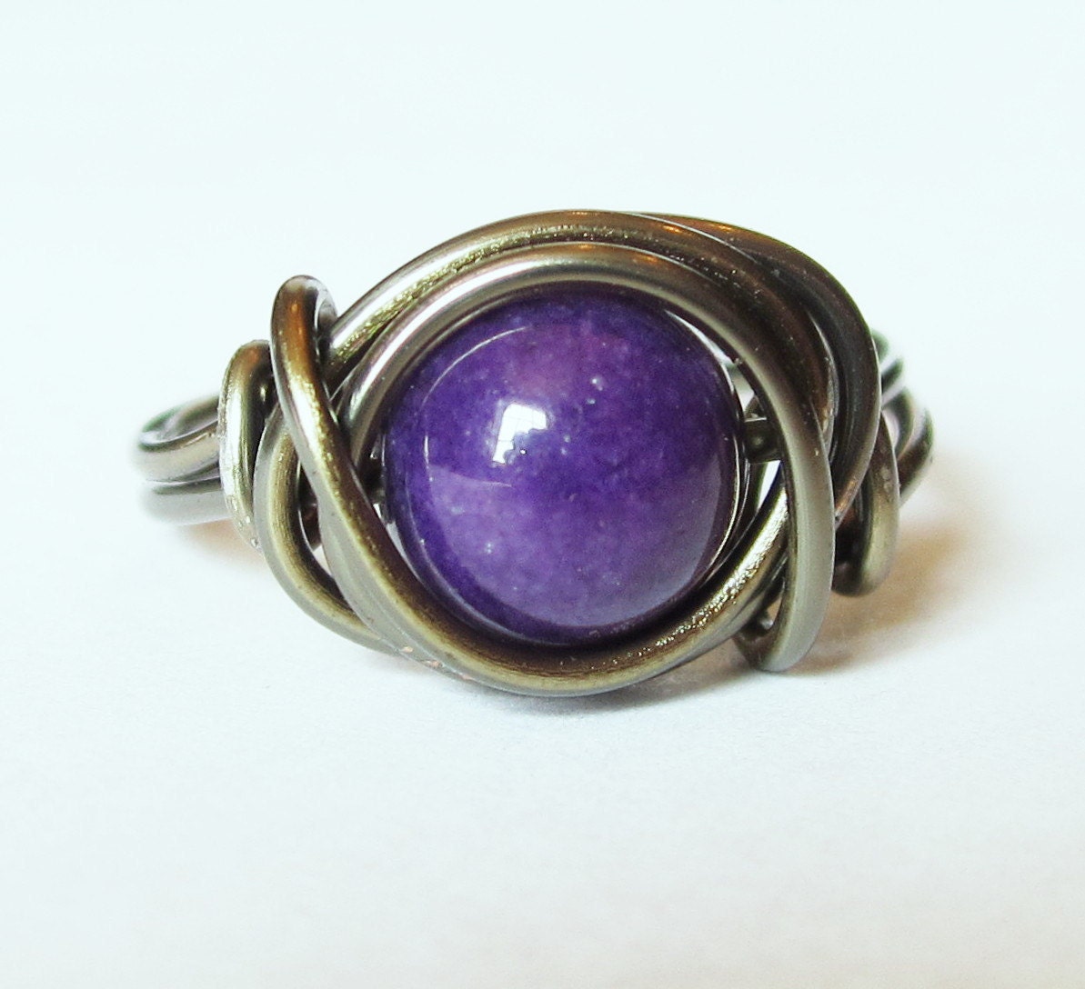 Purple Ring Mountain Jade Wire Wrapped Ring in Gunmetal Jewlery