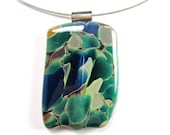 Green Blue Marbled Recycled Glass Pendant Necklace with Magnetic Closure
