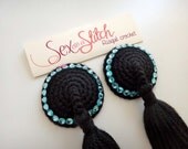 Black with Turquoise Bling Crocheted Nipple Tassels with tape