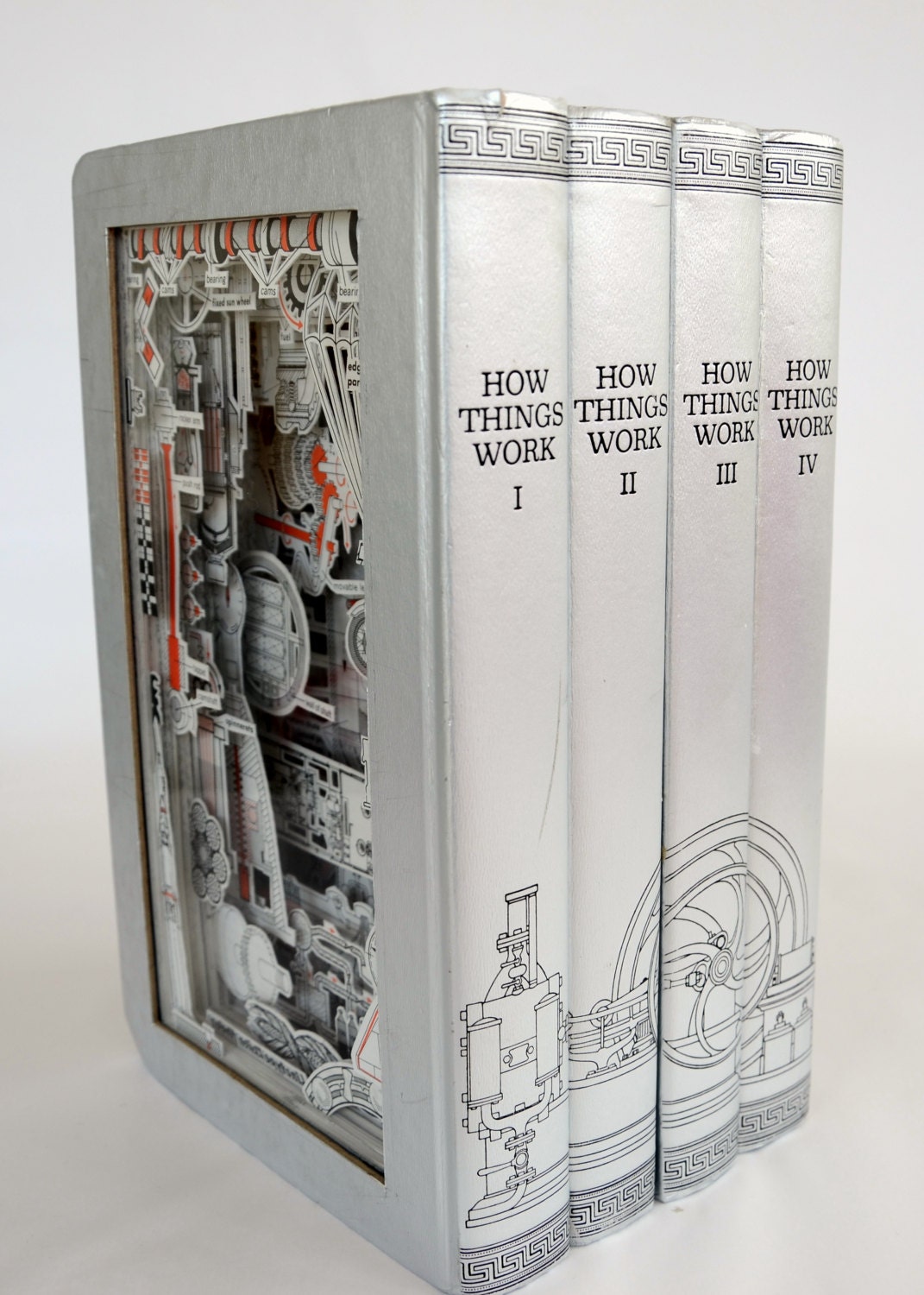 Book carving: Double sided, four-volume "How Things Work"