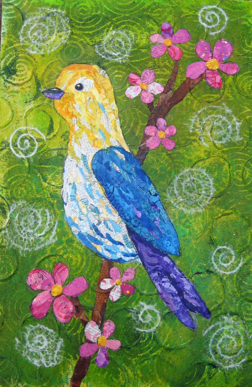 Bird Collage - 18 X 12 - Mixed Media Original on Deep Cradled Birch Panel - Hand Painted Paper - Home Decor - Art
