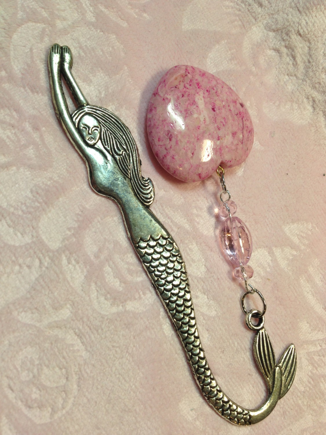 Mermaid beaded Bookmark - pink semiprecious gemstone heart with pink faceted accent beads OOAK handmade