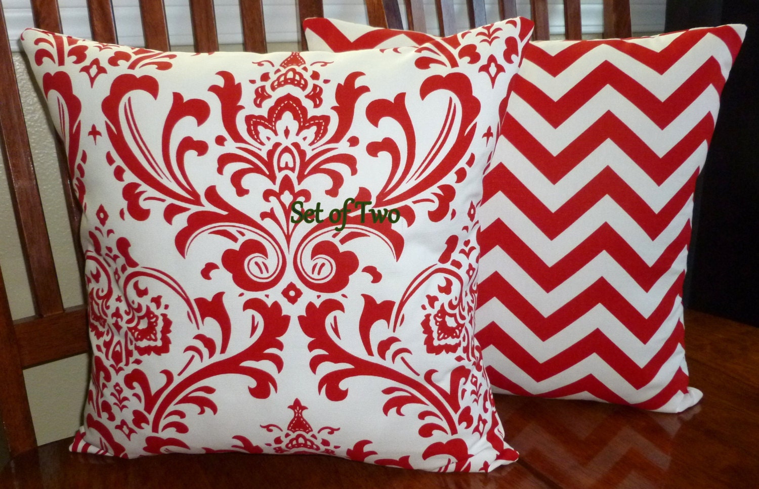 Decorative Accent Throw Pillow Covers -  Red and White Chevron and Scroll - Two 18 Inch
