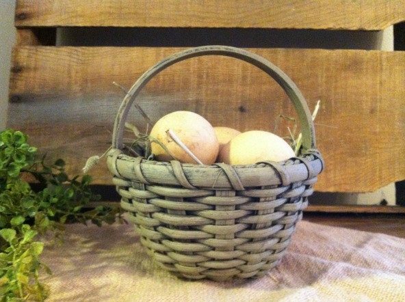 Primitive Painted Handwoven Easter Basket with eggs & grass