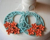 Blue and Pink Earrings, Hoop, Hand Painted, Flower Earrings, Dangle, Filigree, Summer, Gift for Her
