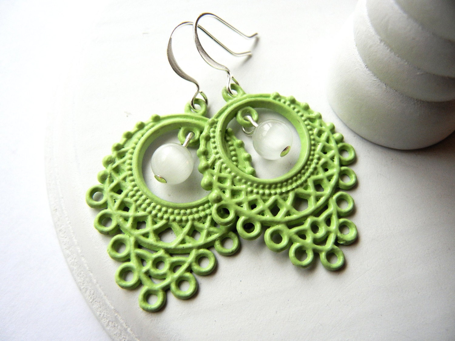 Shabby Chic Green Earrings, Dangle, Mint Green, Filigree Earrings, Hand Painted, Green and White Earrings, Chandelier, Gift for Her