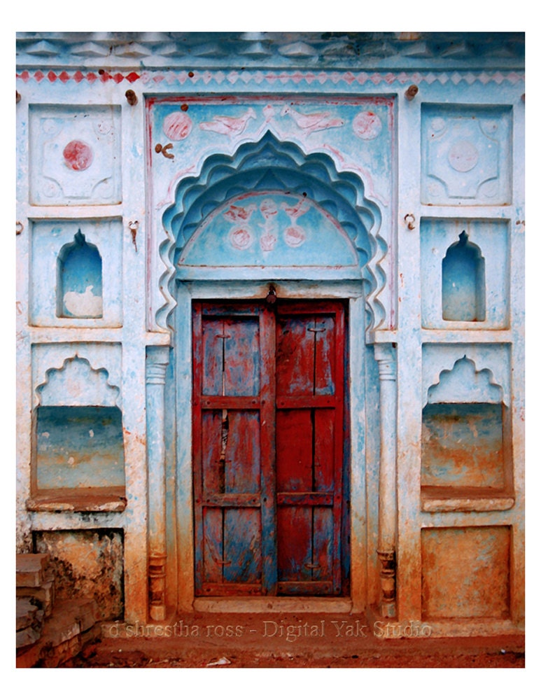Wood Door Fine Art Photography, Orcha India, Weathered Red Door, Faded Blue Stucco, 8x10 Print,, Affordable Art, Home Decor