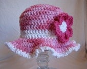 baby girl pink sunhat, 6 to 9 months, crochet pink sunhat, flower hat, floppy brimmed hat, beach heat, easter hat